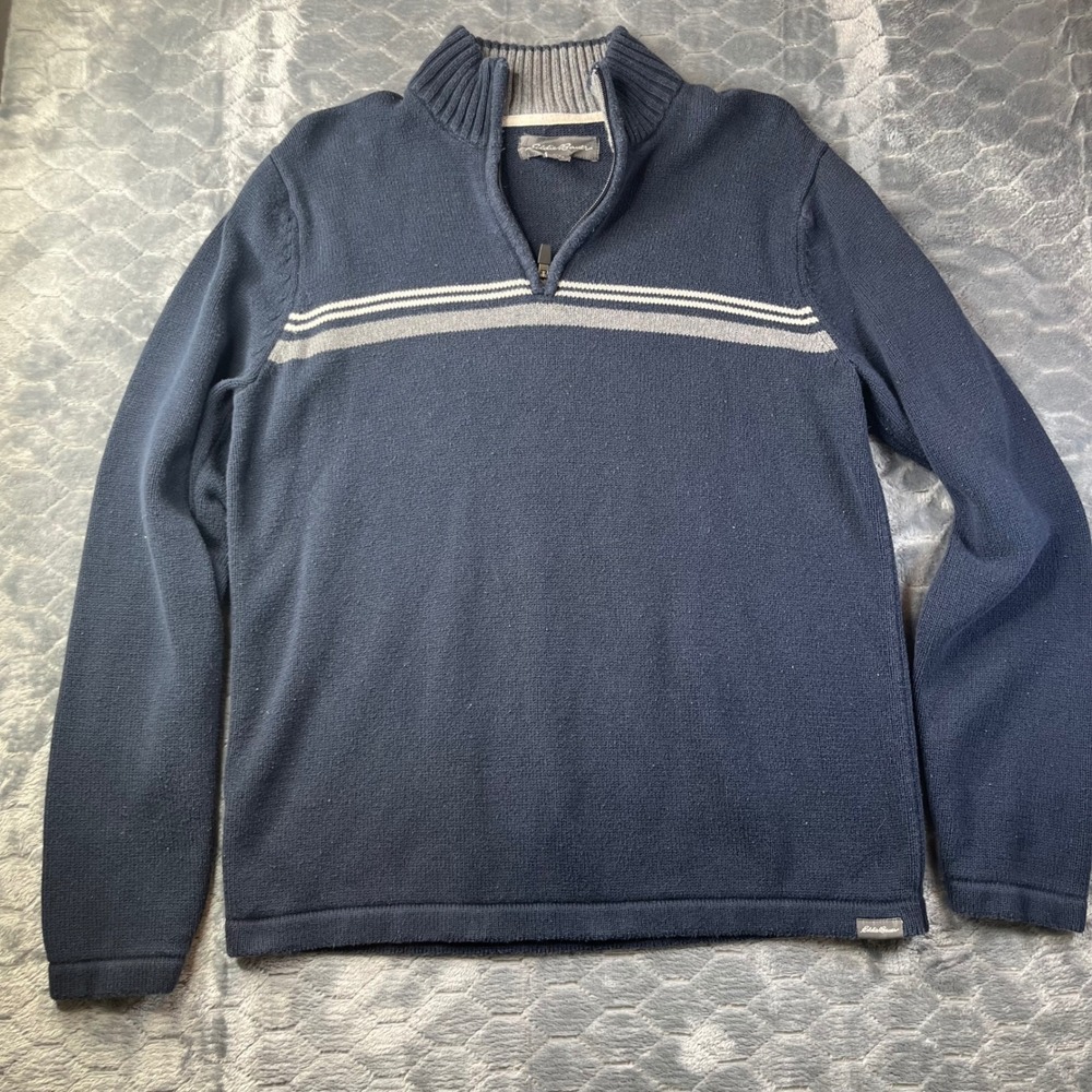 Eddie Bauer Quarter Zip Sweater Mens Medium Navy Blue Striped 100% Cotton Mock - Picture 3 of 9